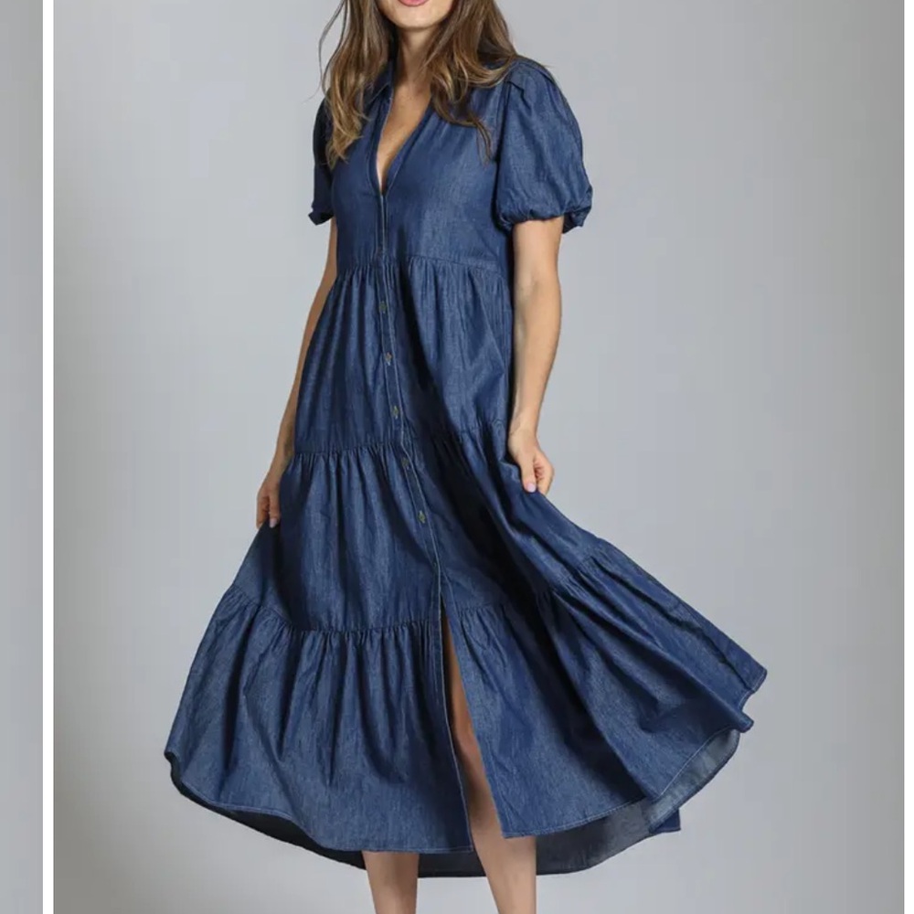 New APNY Blue Denim Maxi Dress tiered puff sleeves full button down, colar